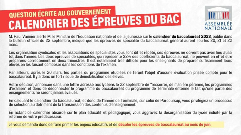 Question écrite au gouvernement : Calendrier des épreuves du baccalauréat