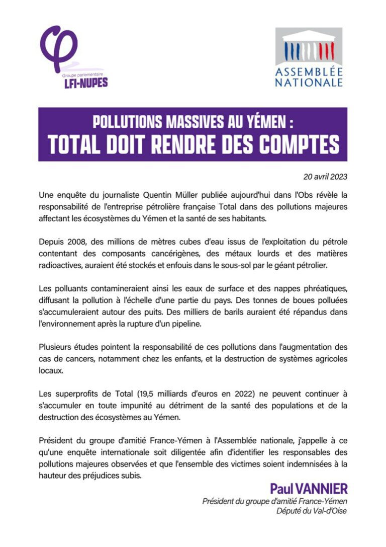 🇾🇪 Pollutions massives au Yémen : Total doit rendre des comptes !