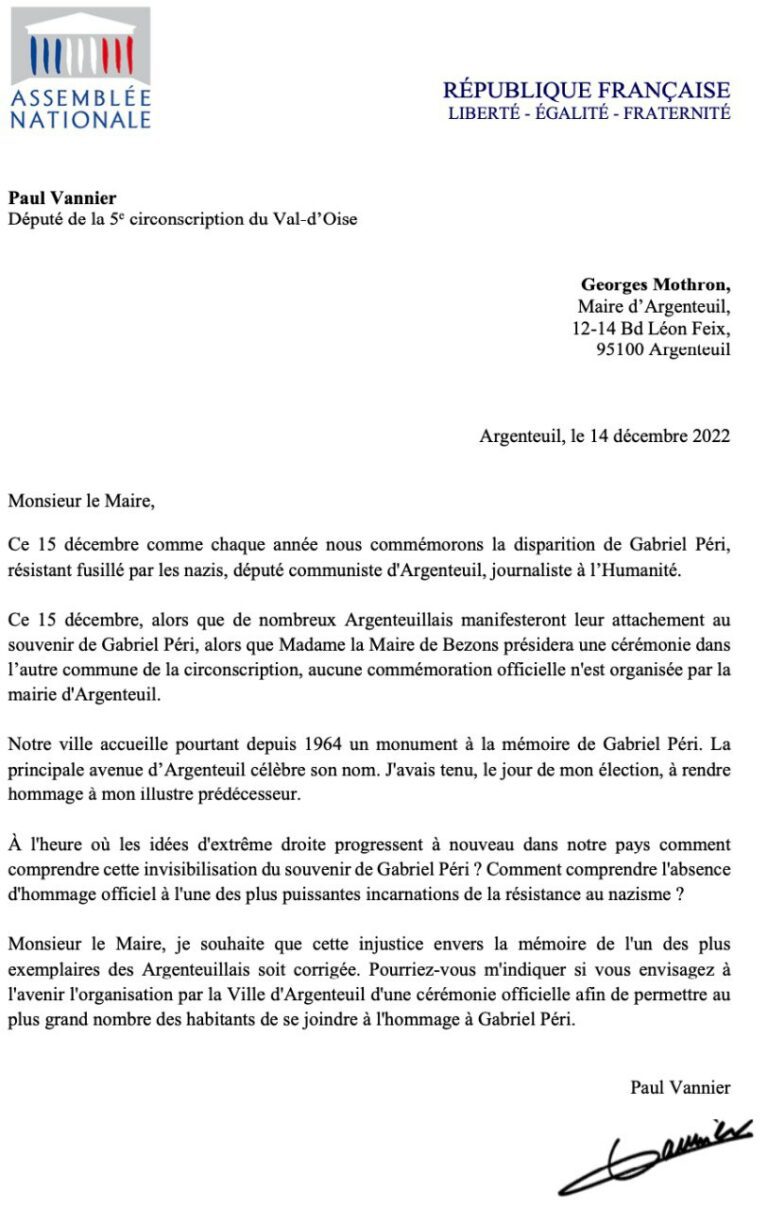 Aucune commémoration officielle organisée pour Gabriel Péri à Argenteuil !