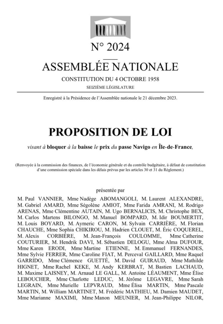 Proposition de loi visant à bloquer à la baisse le prix du passe Navigo en Île-de-France