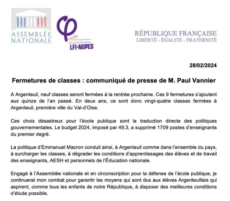 Fermetures de classe : communiqué de presse