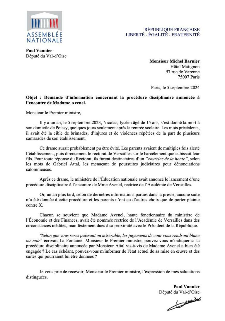 Lettre au Premier ministre après le suicide de Lucas.